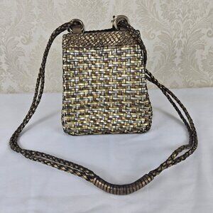 LJS Collection Small Braided Woven Leather Bucket Shoulder Bag Mixed Metallics